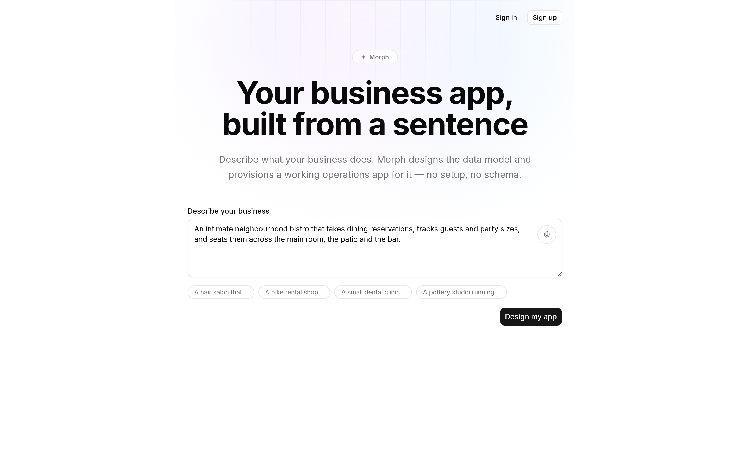 Morph builder — describe your business and get a working app