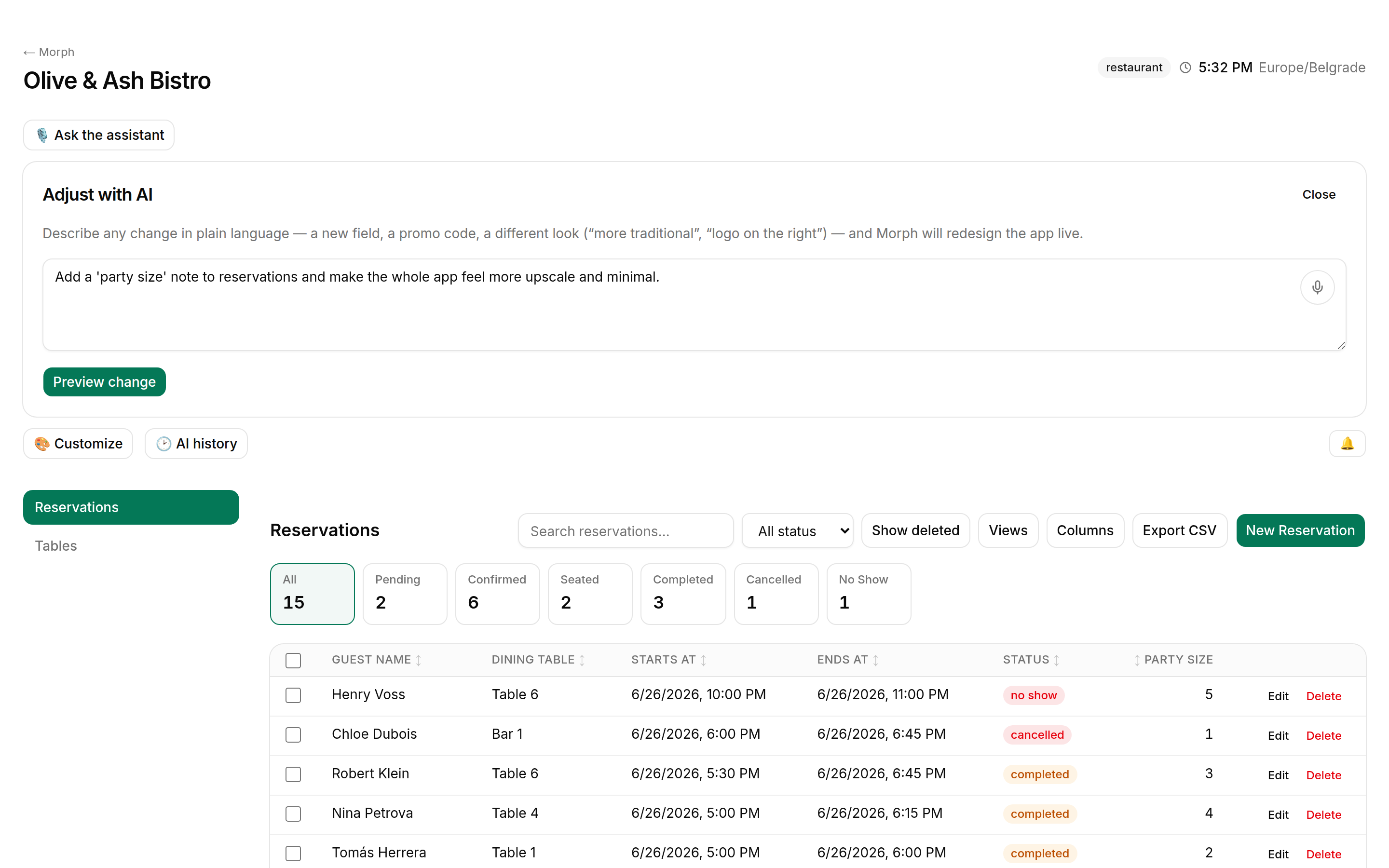 Adjust with AI — describe a change in plain language and Morph redesigns the live app