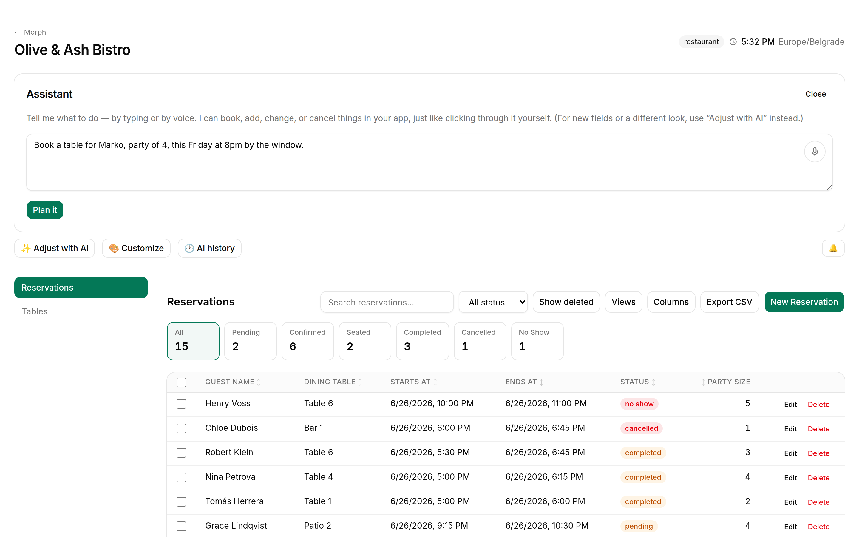 Assistant panel taking a natural-language booking
